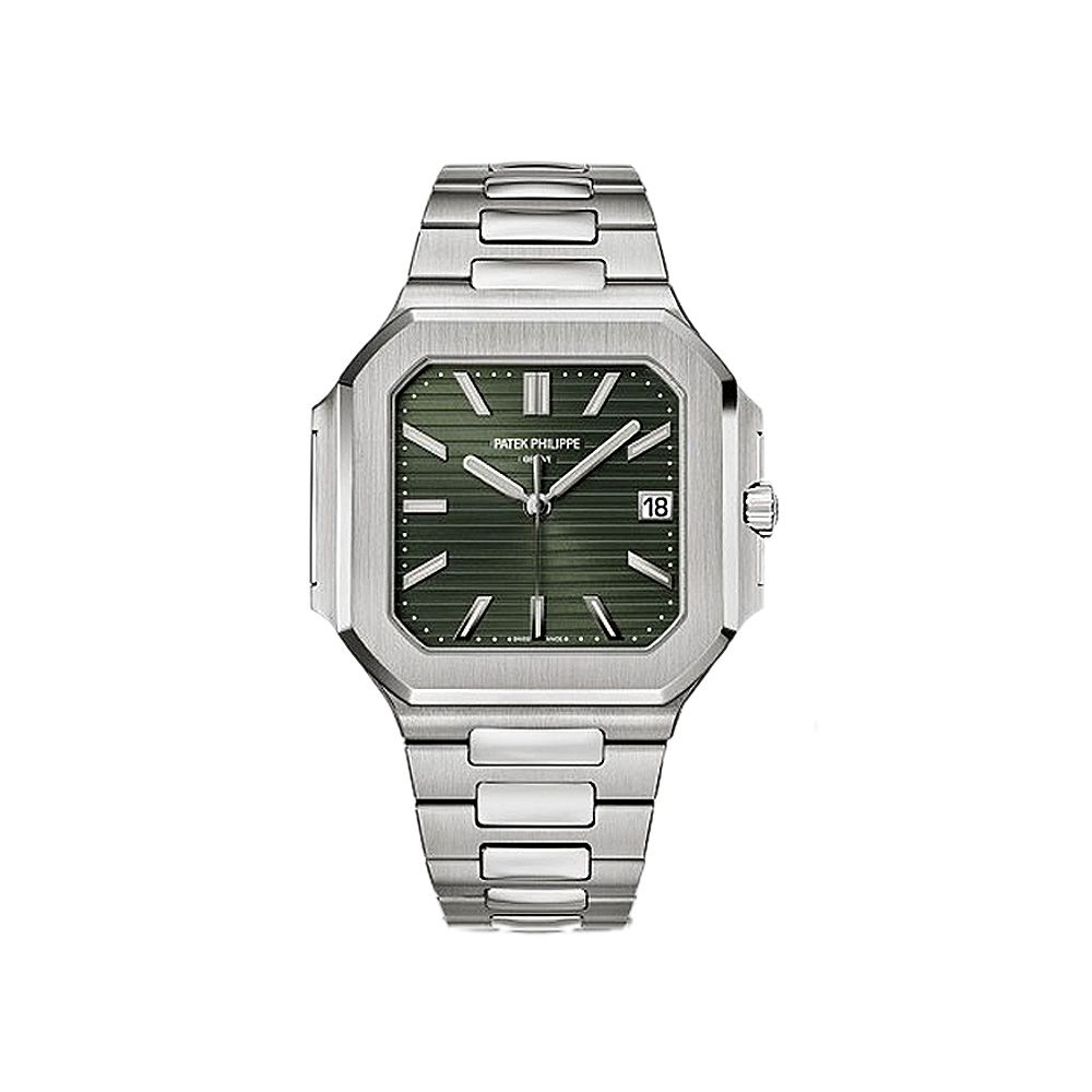 Reloj octogonal plateado con una esfera verde texturizada y brazalete metálico.