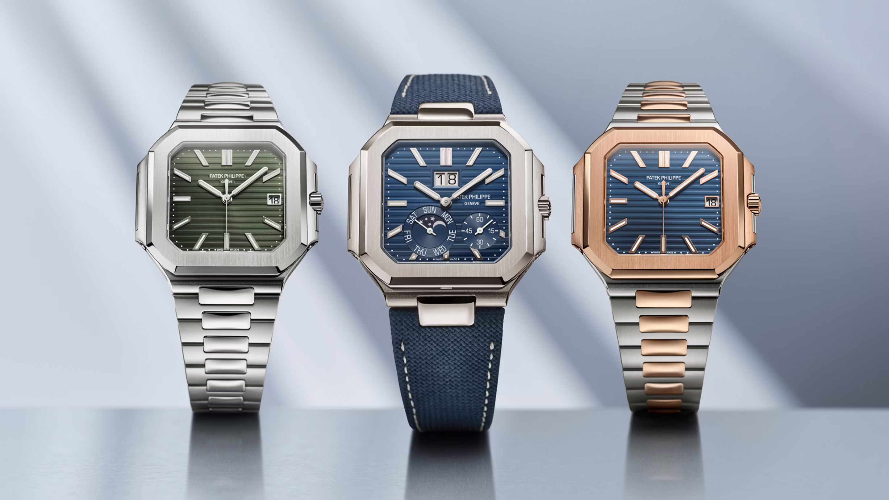 Tres relojes Patek Philippe: esfera verde, calendario perpetuo azul y oro rosa con esfera azul.