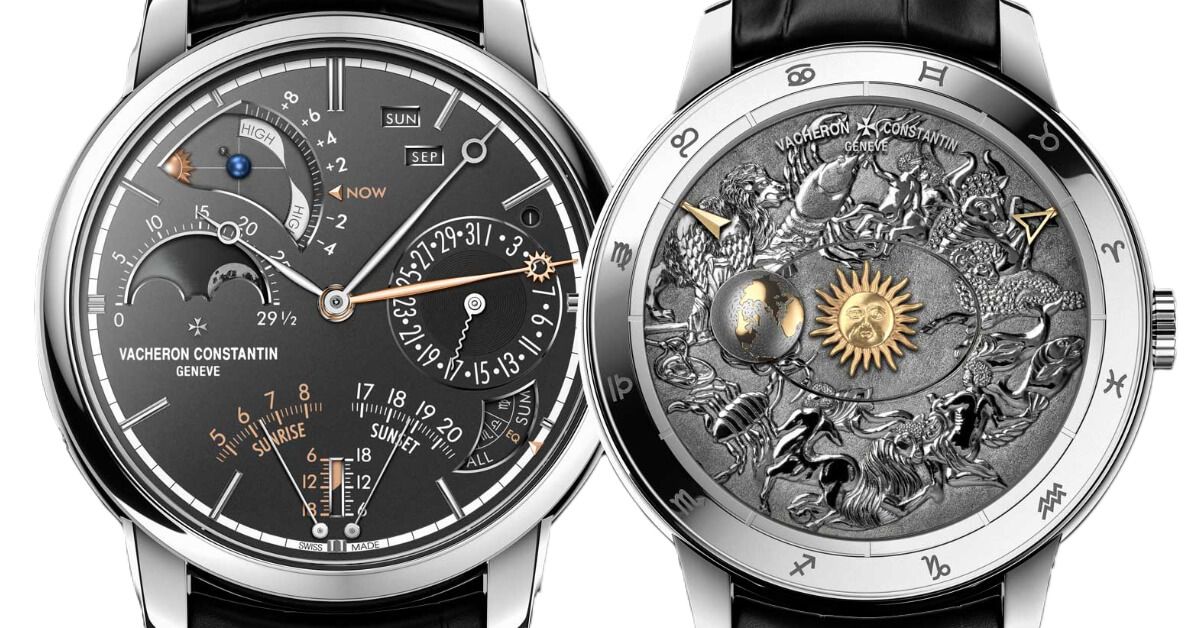Luxury watch showing complex dial complications and an ornate, engraved celestial case back.