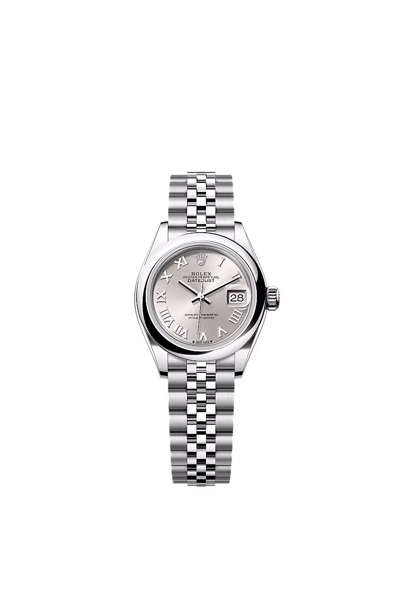 Silberne Rolex Datejust Uhr mit Jubilé-Armband, hellem Zifferblatt, römischen Ziffern und Datum.