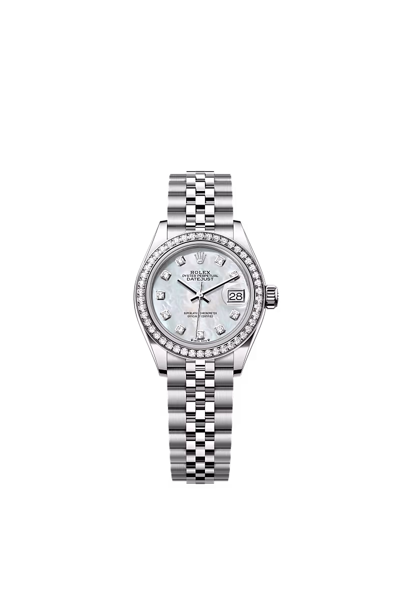 Silberne Rolex Datejust Uhr mit Diamantlünette, Perlmuttzifferblatt und Jubilé-Armband.