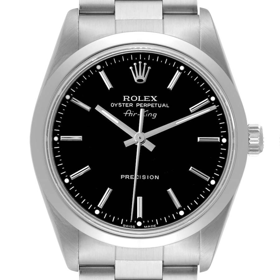 Silver Rolex Oyster Perpetual Air-King watch with a black dial and silver bracelet.